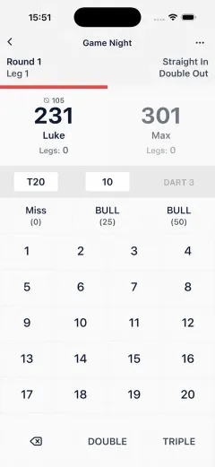 DartsOn 301 game showing player scores and dart entry