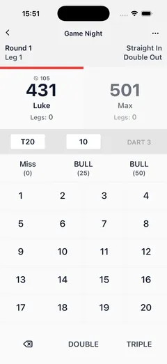 DartsOn 501 game showing player scores and dart entry