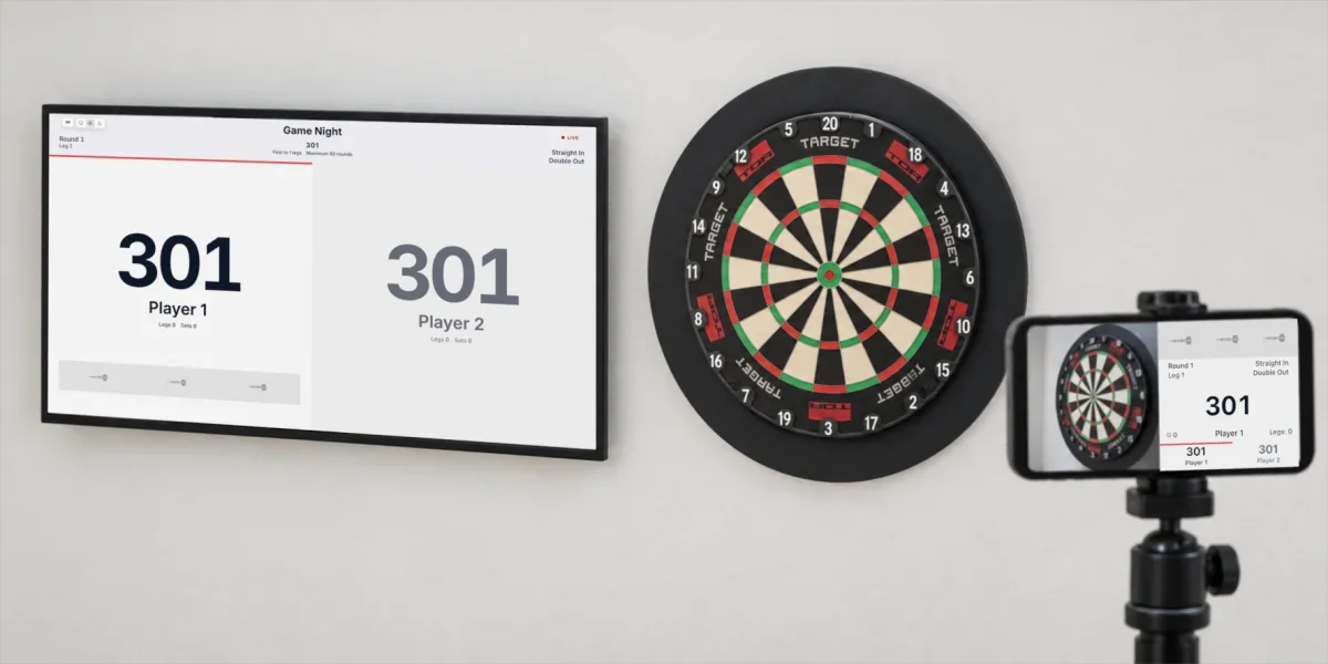 DartsOn match on a landscape iPhone and TV