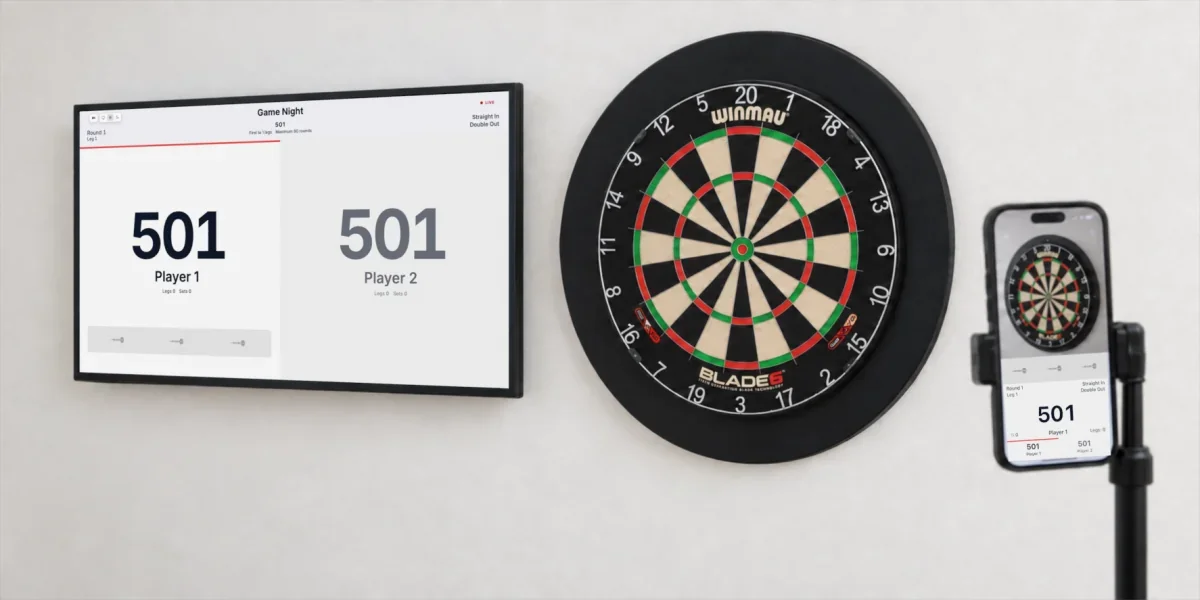 DartsOn phone, dartboard, and TV scoreboard