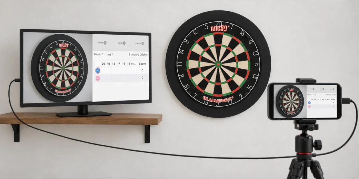 Phone connected by USB-C to a monitor beside a dartboard
