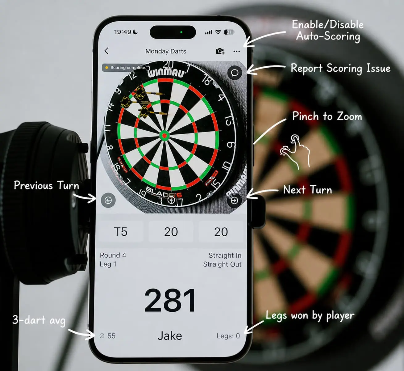 Overview of the DartsOn auto-scoring screen and its controls
